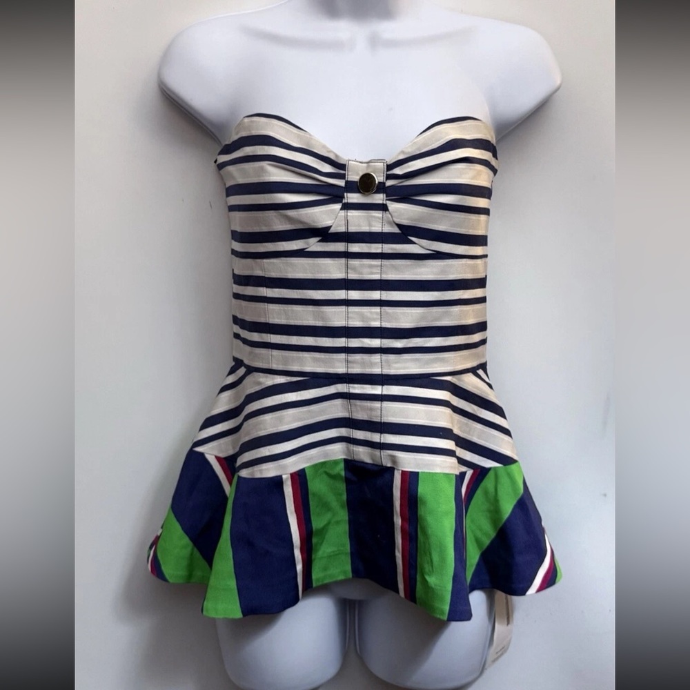 Tanya Taylor Striped Strapless Peplum Top